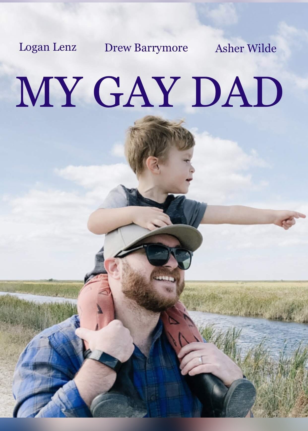 Poster for My Gay Dad: a boy on his father's shoulders points across the Everglades.